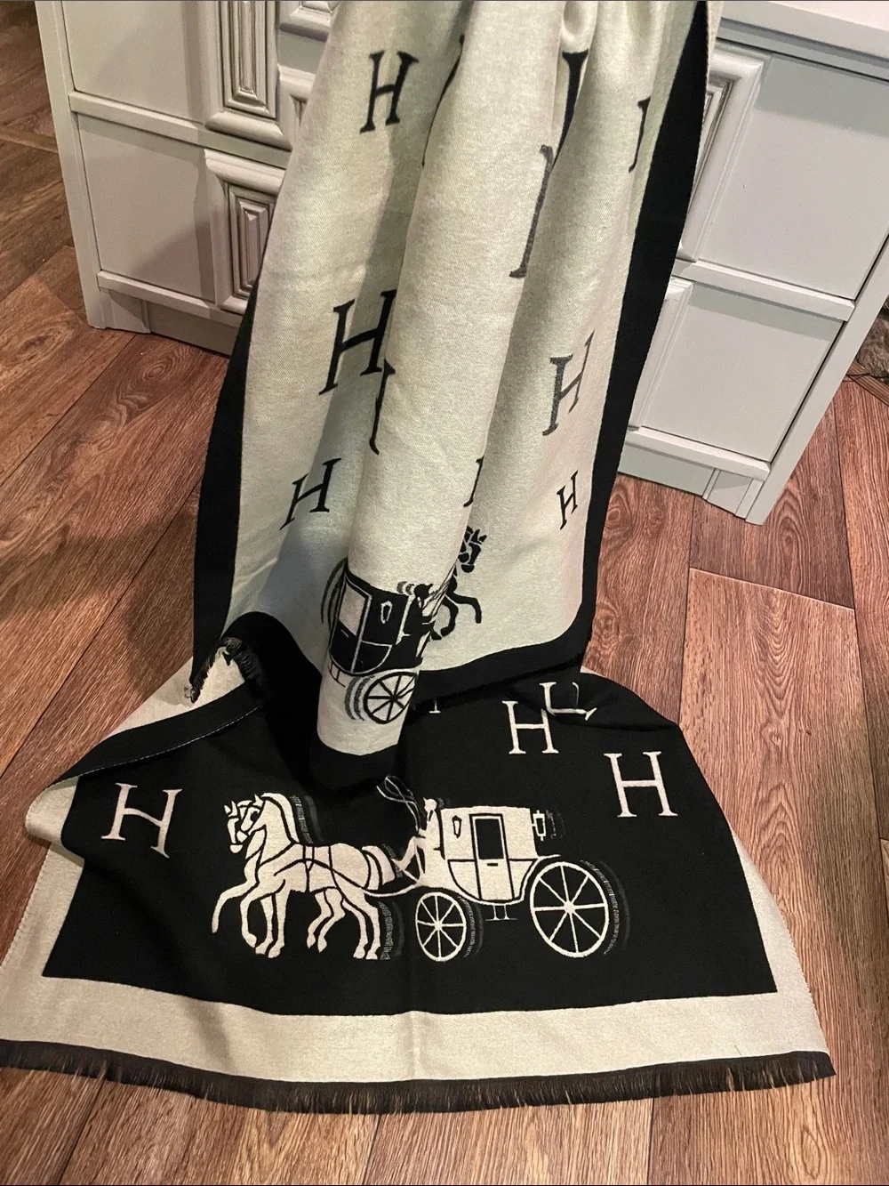 Luxury Black & Cream Soft Scarf with Horse and Carriages Motif